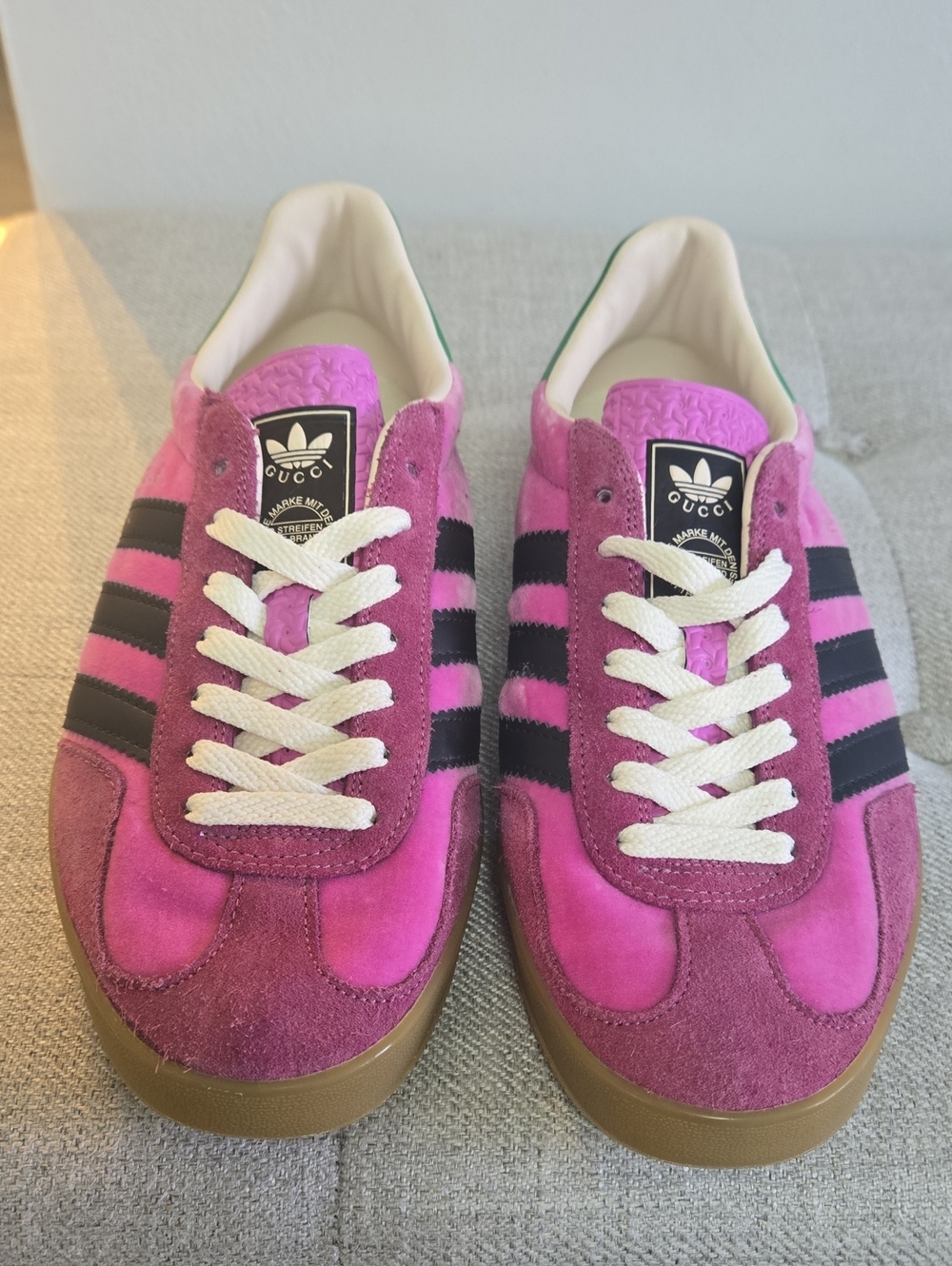 Gucci Pink Suede Sneakers with Black Stripes and White Laces